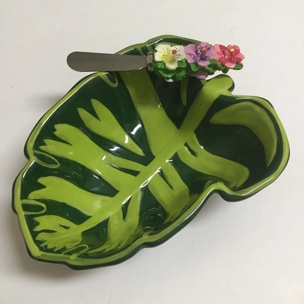 Tropical Leaf Serving Bowl Floral Spreader Green Ceramic Dip Fruit Hawaii Luau